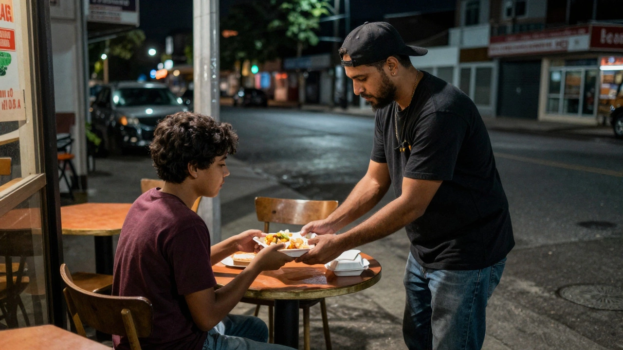 A former gang member handing food to a teenager outside a neighborhood café.