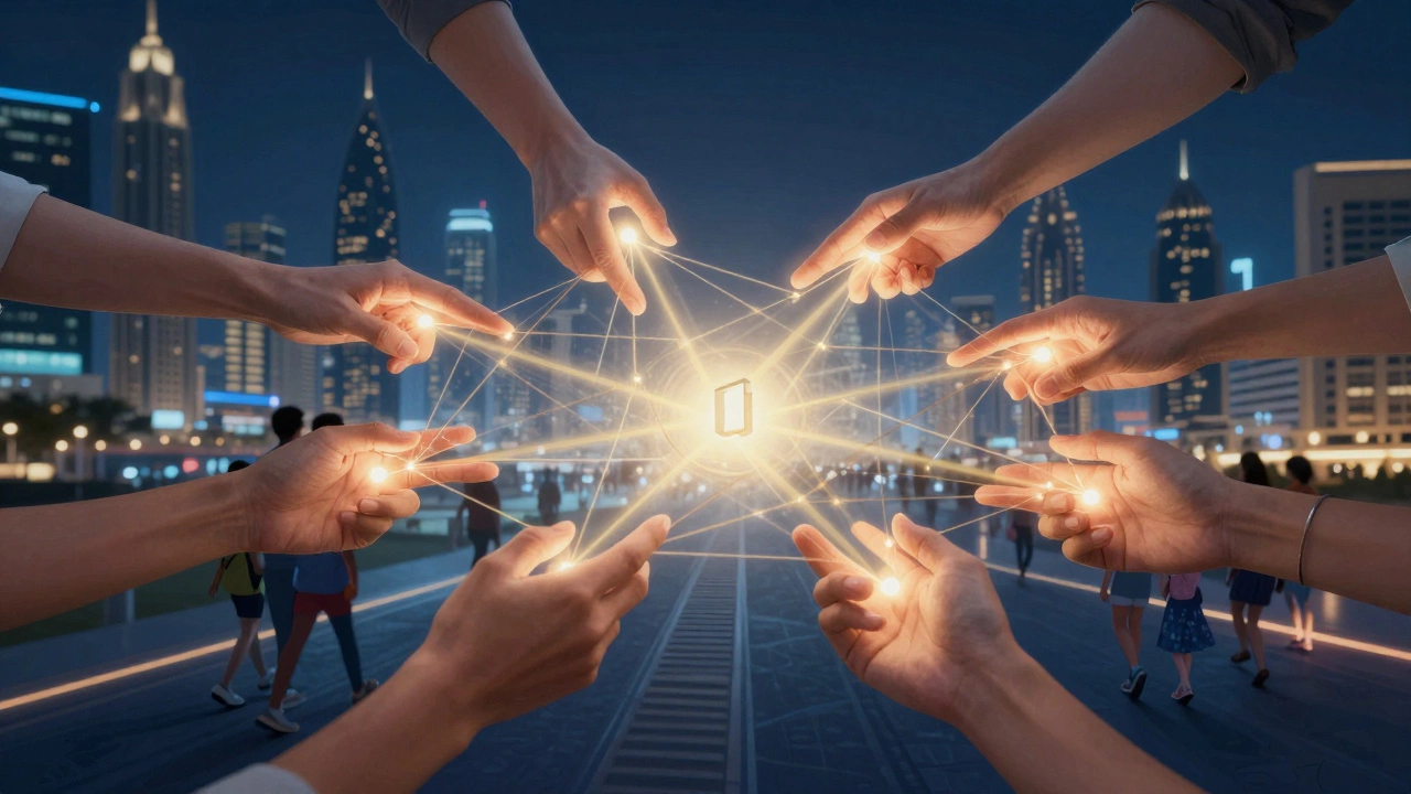 A network of glowing hands connecting across a city, symbolizing community support.