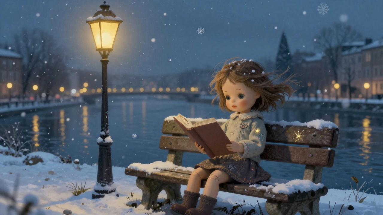 A solitary doll sits on a bench reading a blank book, her eyes seeming to follow the viewer, surrounded by soft, blurred city lights and drifting snow.