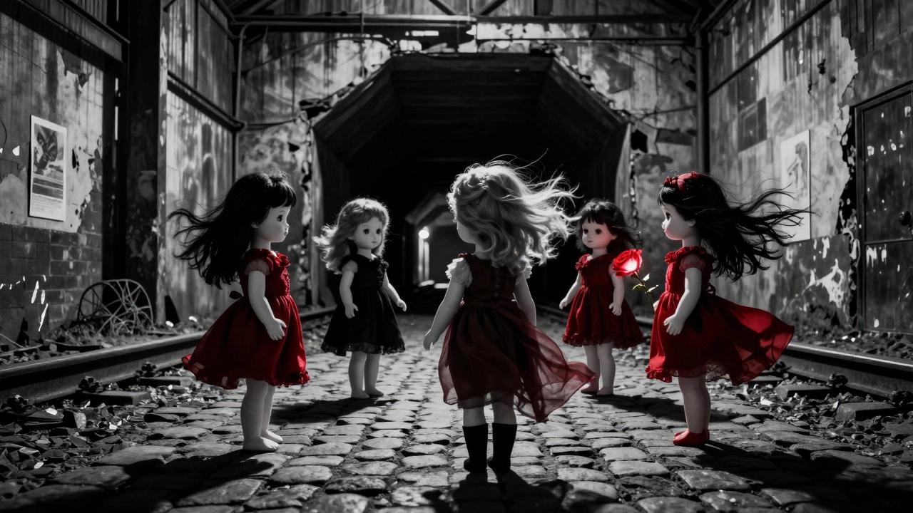 Five mysterious dolls form a silent circle under an old mill, wind moving their clothes as if alive, with darkness opening behind them.